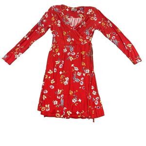 ASOS Midi Dress Womens 2 Fit & Flare Wrap Red Floral Long Sleeve V Neck